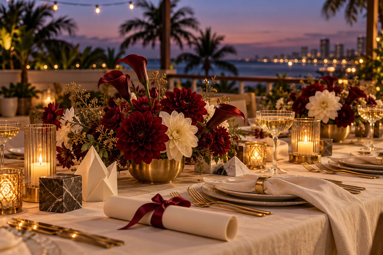 Mesa fictícia do jantar de graduação, com flores bordeaux, velas e diploma