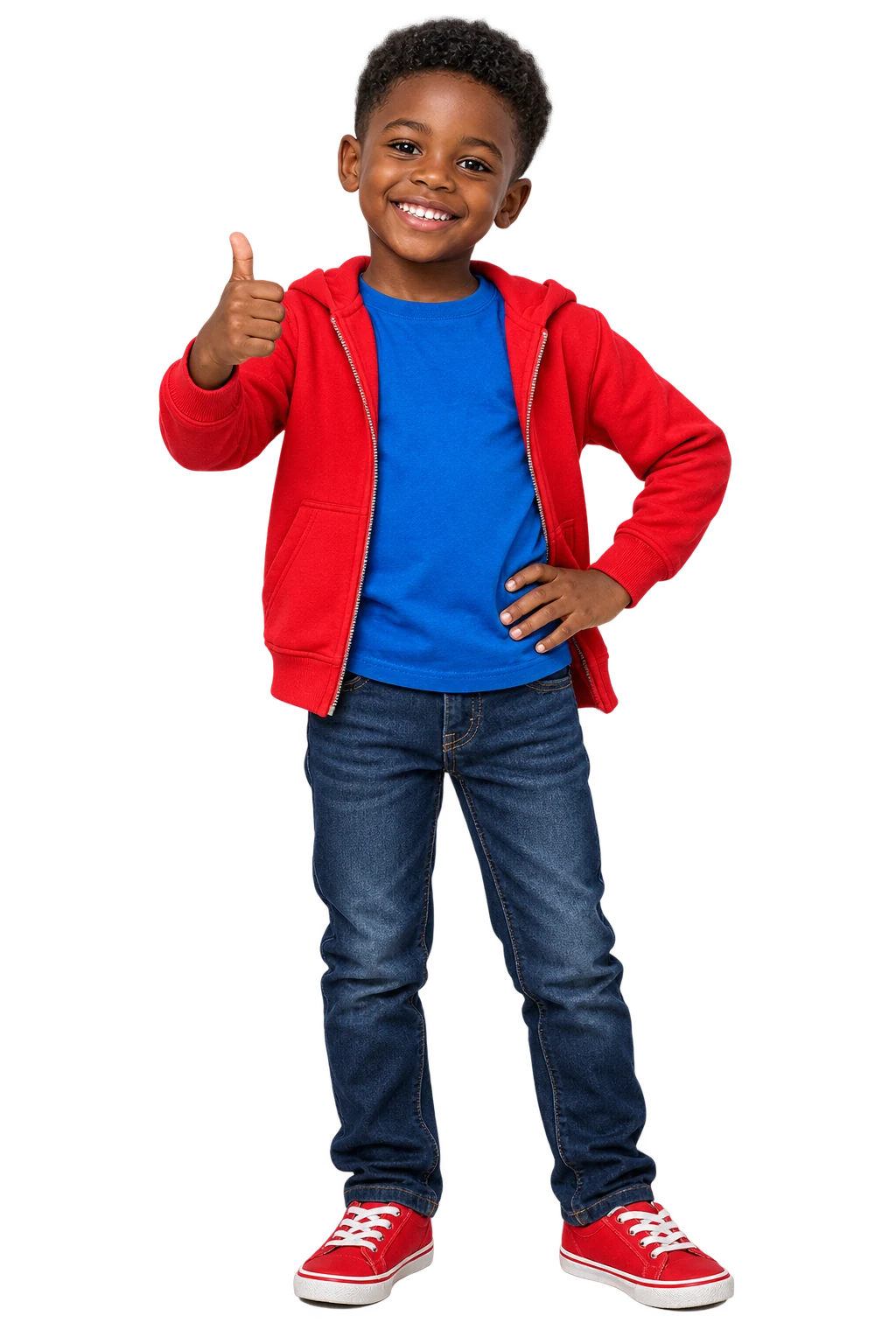 Menino fictício sorridente com roupa vermelha e azul, a fazer um sinal de positivo