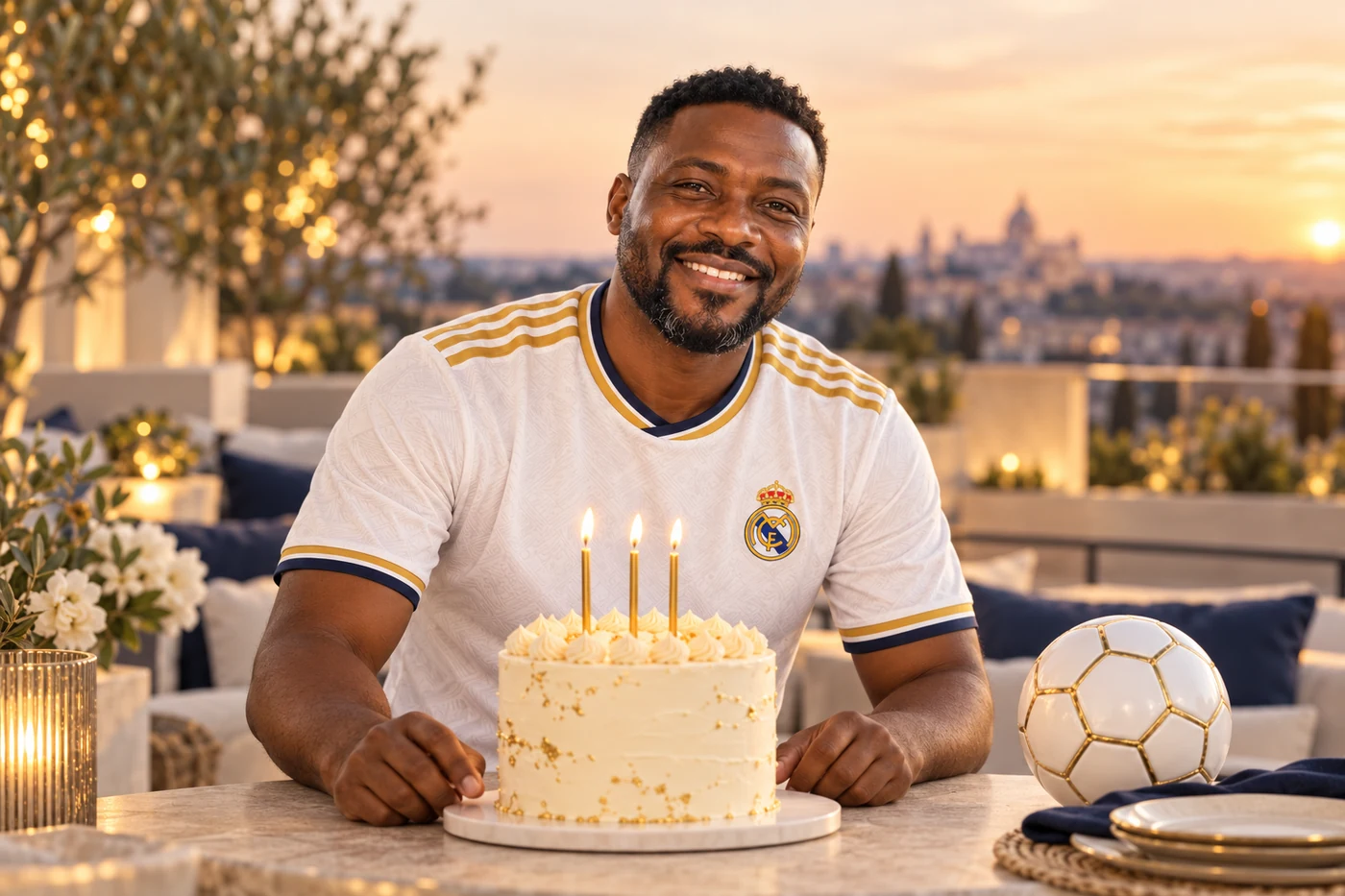 Ricardo, pessoa fictícia, a celebrar com um bolo branco e dourado